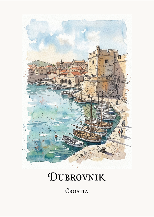 A watercolour-style travel print of Dubrovnik, Croatia, showing a harbour scene with boats, stone buildings, and a tower, with the text 'DUBROVNIK' and 'CROATIA' below on an off-white background.