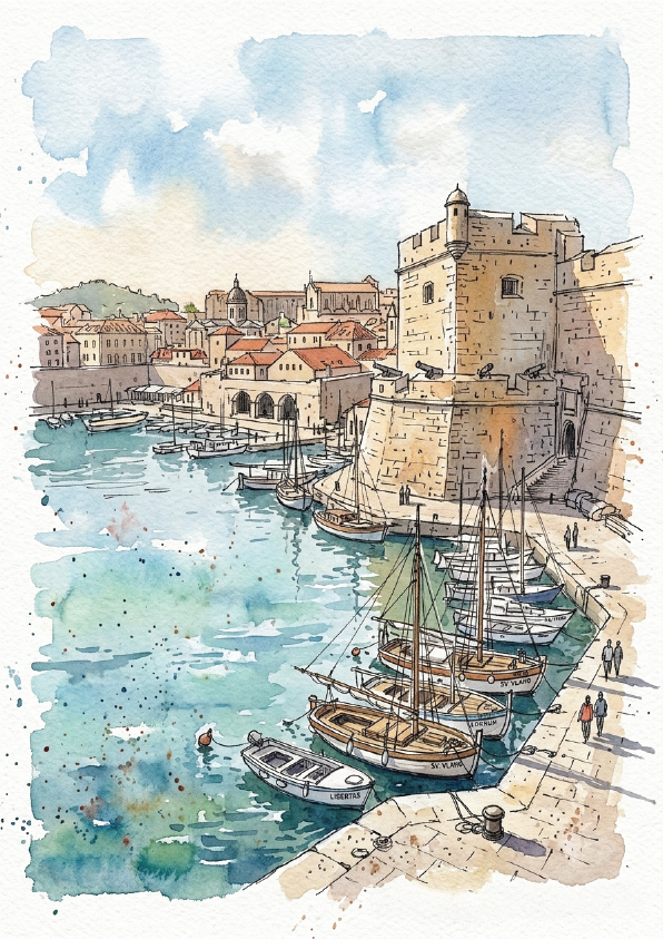 Watercolour painting of a coastal harbour scene with stone towers, boats moored in turquoise water, and buildings with red roofs under a pale blue sky.
