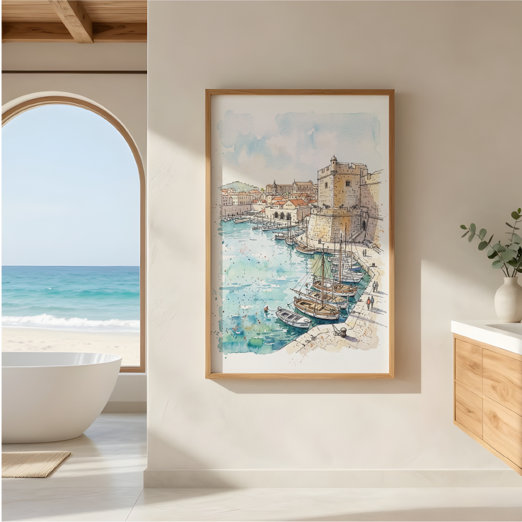 A framed watercolour painting of a coastal harbour with boats and buildings, displayed on a light cream wall in a bright, modern bathroom or spa setting with a bathtub and ocean view visible through an arched window.