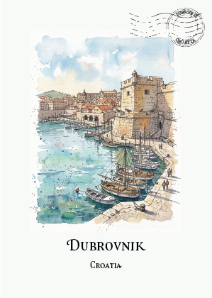 A watercolour-style travel print of Dubrovnik, Croatia, showing a harbour scene with boats, historic buildings, and a stone tower, with the text 'DUBROVNIK CROATIA' below and a postage-style stamp graphic at the top right.