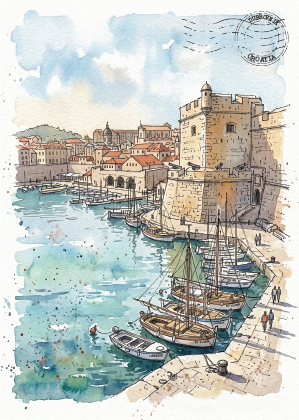 Watercolour and ink illustration of a coastal harbour scene with boats moored along a stone quay, historic buildings, a large stone tower, and a blue sky with light clouds.