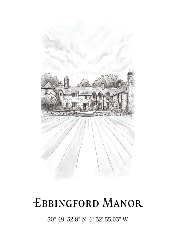 A black and white architectural sketch of Ebbingford Manor with a large lawn leading toward the house, plus the text 'EBBINGFORD MANOR' and coordinates below on a white background.