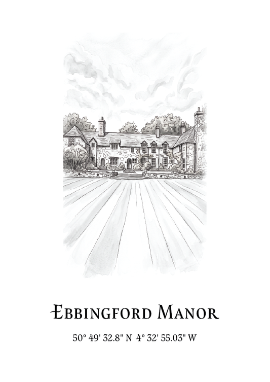 A black and white architectural sketch of Ebbingford Manor with a large lawn leading toward the house, plus the text 'EBBINGFORD MANOR' and coordinates below on a white background.
