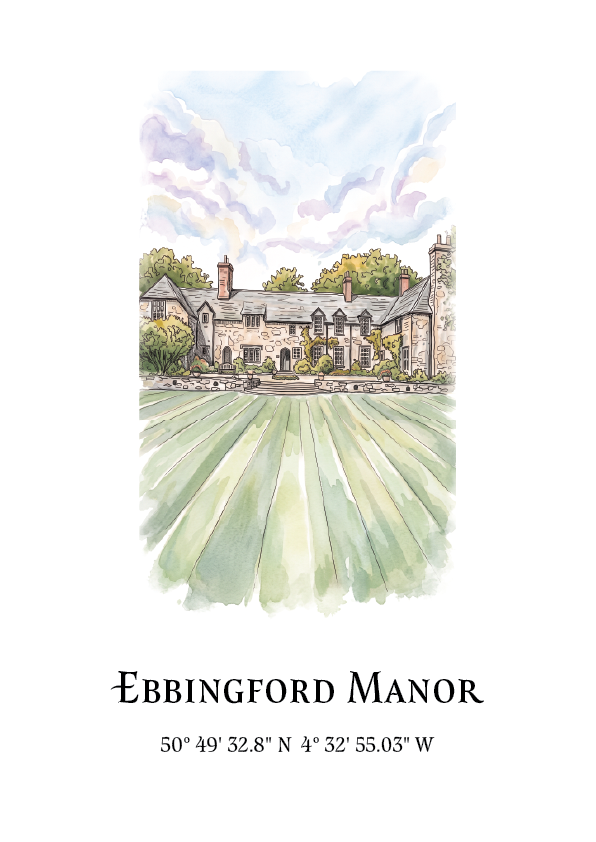 A watercolour-style art print featuring Ebbingford Manor with a large green lawn in the foreground, labeled with the text 'EBBINGFORD MANOR' and coordinates below on a white background.
