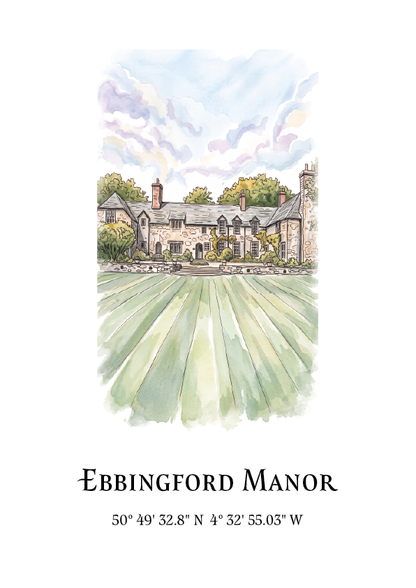 A watercolour-style art print featuring Ebbingford Manor with a large green lawn in the foreground, labeled with the text 'EBBINGFORD MANOR' and coordinates below on a white background.