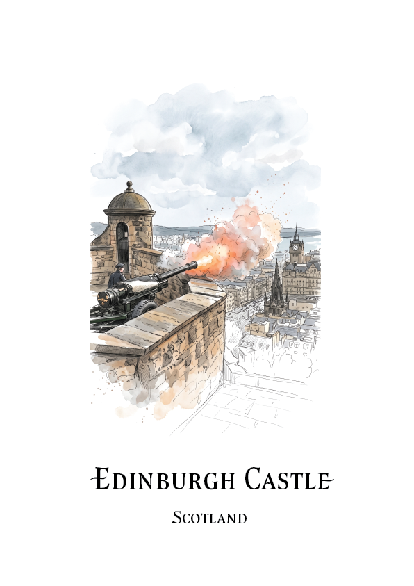 Watercolour and ink illustration of a historic cannon firing on the Edinburgh Castle wall, with smoke, buildings, and a cloudy sky. The artwork is shown centered on a white background with the Title Edinburgh Castle and below that Scotland