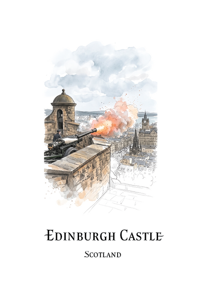 Watercolour and ink illustration of a historic cannon firing on the Edinburgh Castle wall, with smoke, buildings, and a cloudy sky. The artwork is shown centered on a white background with the Title Edinburgh Castle and below that Scotland