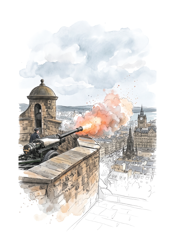 Watercolour and ink illustration of a historic cannon firing on the Edinburgh Castle wall, with smoke, buildings, and a cloudy sky. The artwork is shown centered on a white background.