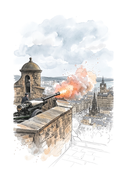 Watercolour and ink illustration of a historic cannon firing on the Edinburgh Castle wall, with smoke, buildings, and a cloudy sky. The artwork is shown centered on a white background.