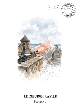 Watercolour and ink illustration postcard of a historic cannon firing on the Edinburgh Castle wall, with smoke, buildings, and a cloudy sky. The artwork is shown centered on a white background with the Title Edinburgh Castle and below that Scotland with a postmark graphic in the top right hand corner