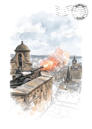 Watercolour and ink illustration postcard of a historic cannon firing on the Edinburgh Castle wall, with smoke, buildings, and a cloudy sky. The artwork is shown centered on a white background with a postmark graphic in the top right hand corner