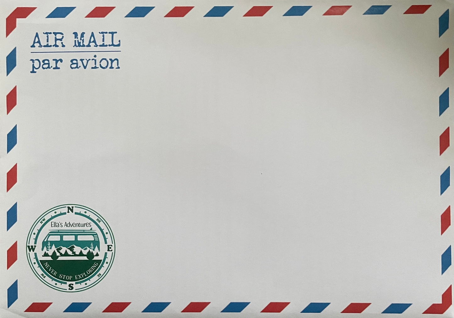 Air mail envelope with decorative border and Ellas Adventures logo on a white background