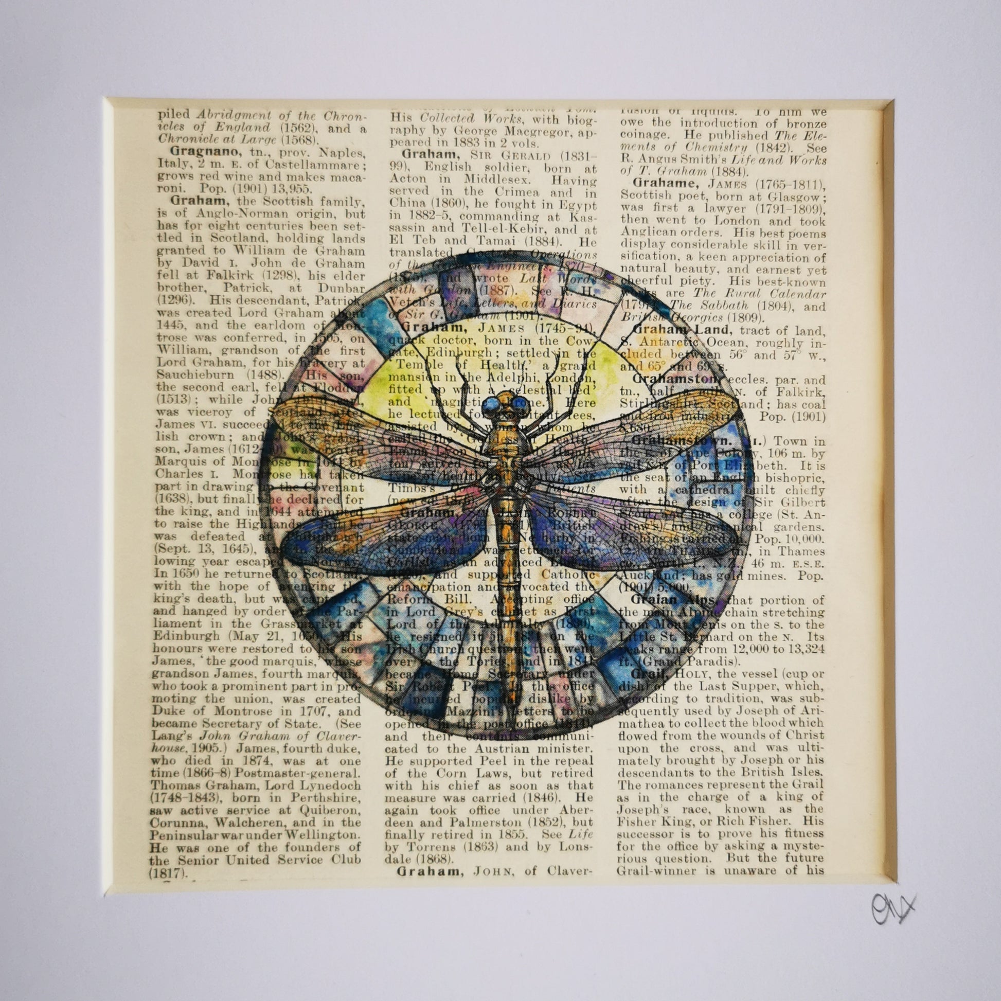 A watercolour and ink illustration of a dragonfly, crafted on a century-old encyclopaedia page, with visible text and aged patina.