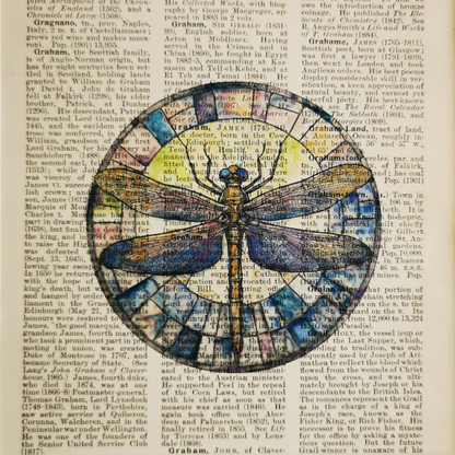 Colourful watercolour dragonfly illustration on a vintage book page