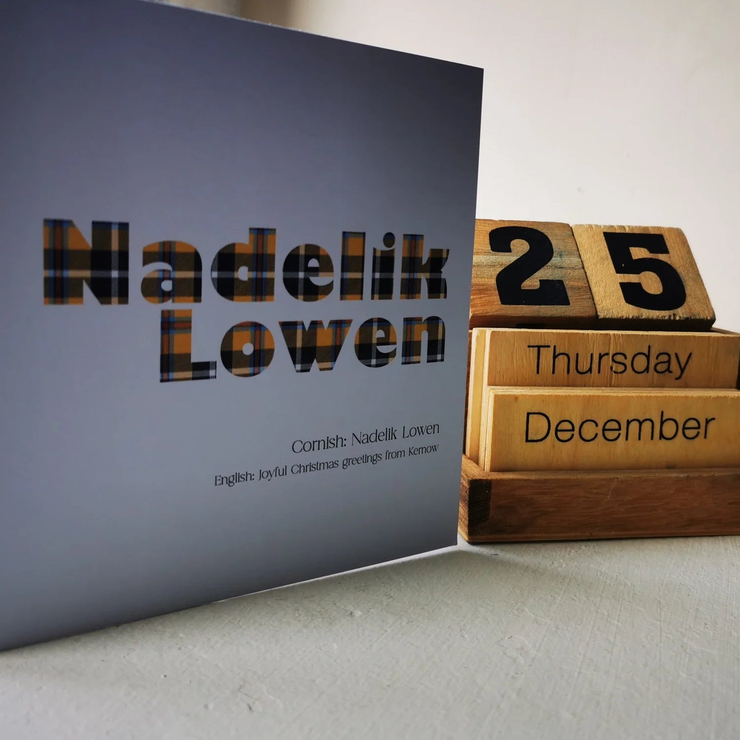 Nadelik Lowen Cornish Christmas greeting card with tartan typography, by Ella's Adventures