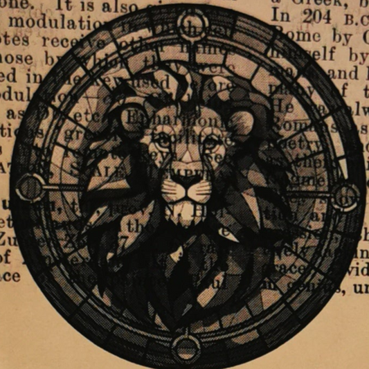 Decorative lion horoscope sign with circular design on a textured vintage book page background