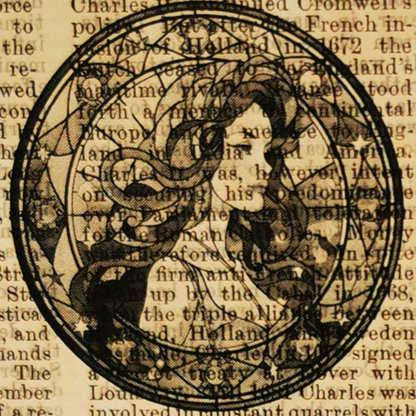 Circular illustration of the virgo star sign on an old book page text background