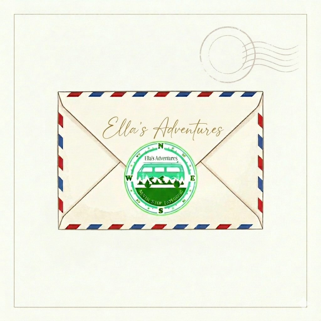 Envelope with 'Ella's Adventures' text and a green stamp on a white background