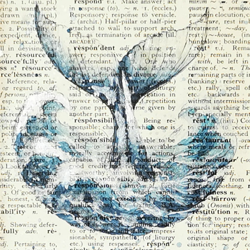 Close up of Blue whale's tail in the waves, watercolour and ink illustration on an original dictionary page background.
