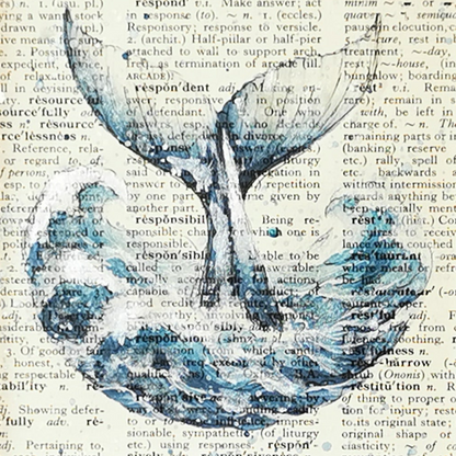 Close up of Blue whale's tail in the waves, watercolour and ink illustration on an original dictionary page background.