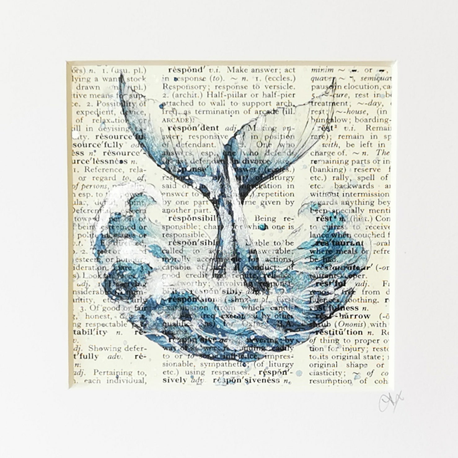 Blue whale's tail in the waves, watercolour and ink illustration on an original dictionary page background.