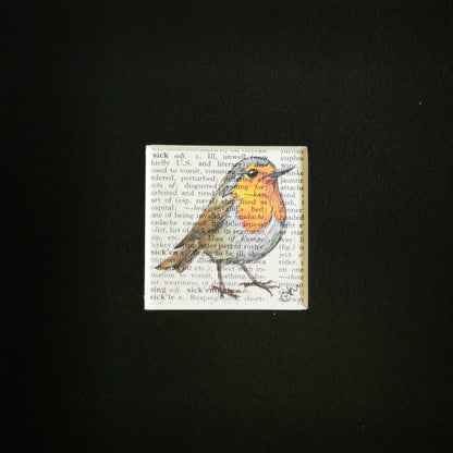 6 inch square black mount board with framed artwork of a Robin on a book page text background
