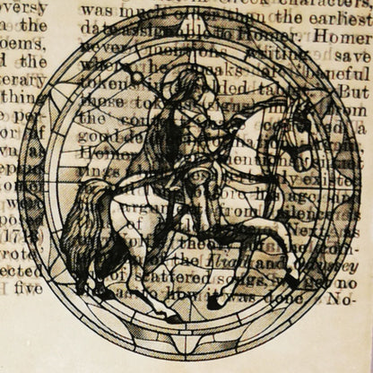 Decorative illustration of a horse and rider in a circular design on an old text background