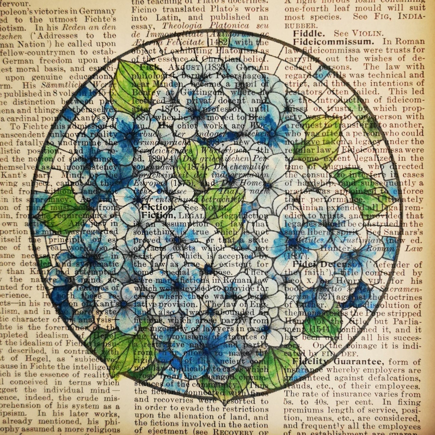 Signed original book page with watercolour and ink illustration - Blue Hydrangea Flowers