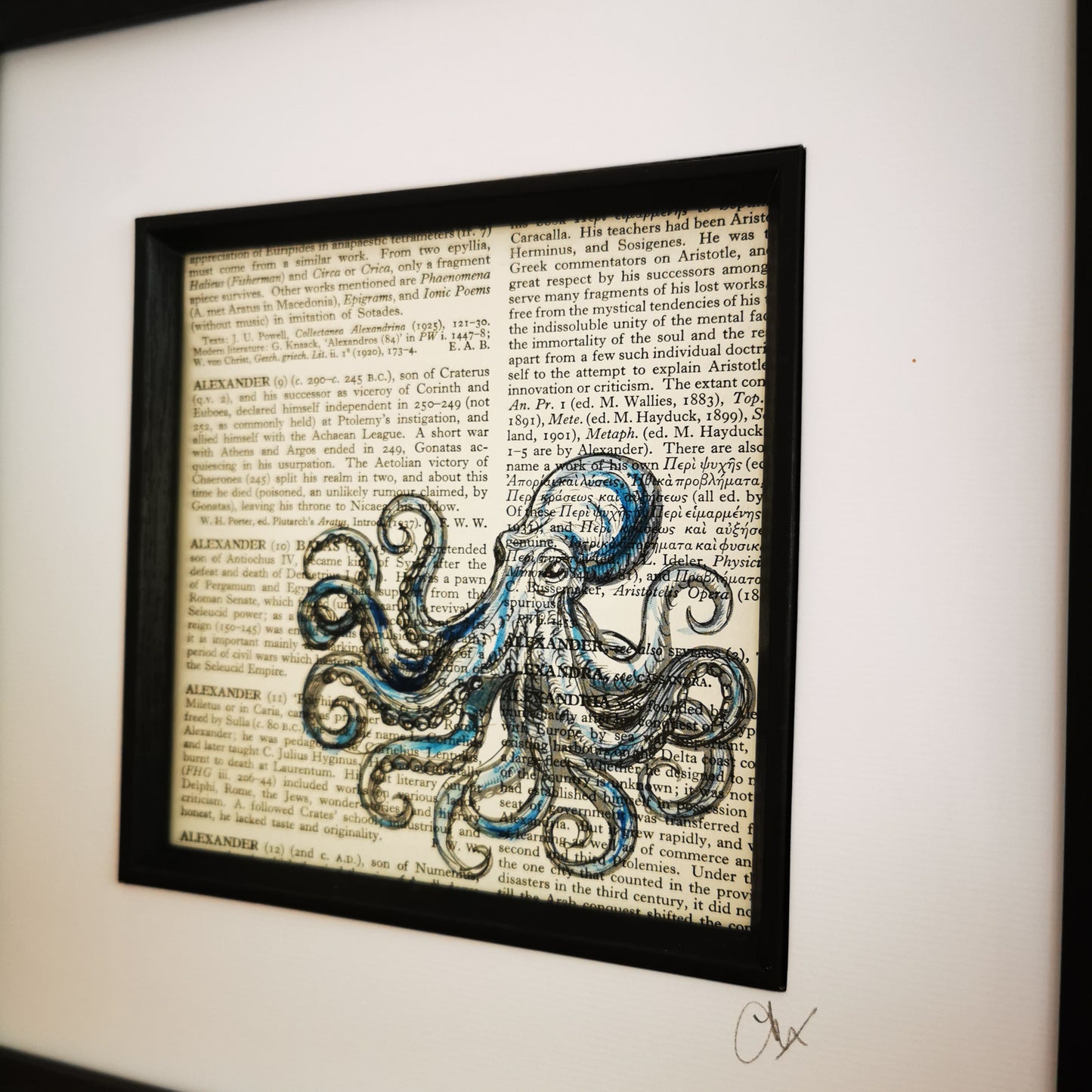 Signed original dictionary page with watercolour and ink illustration of a Kraken Octopus