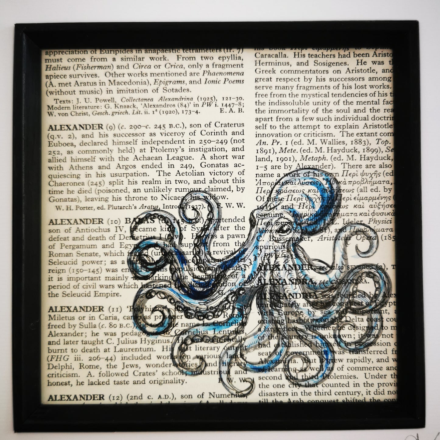 Signed original dictionary page with watercolour and ink illustration of a Kraken Octopus
