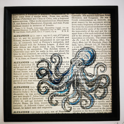 Signed original dictionary page with watercolour and ink illustration of a Kraken Octopus