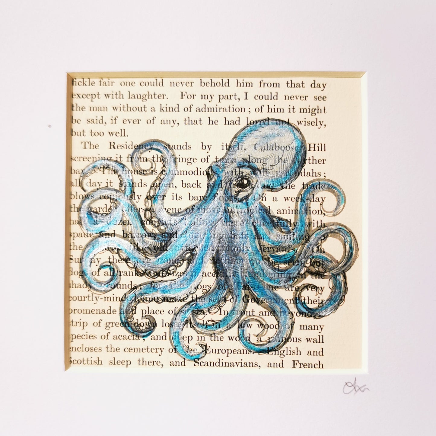 Signed original dictionary page with watercolour and ink illustration of a Kraken Octopus