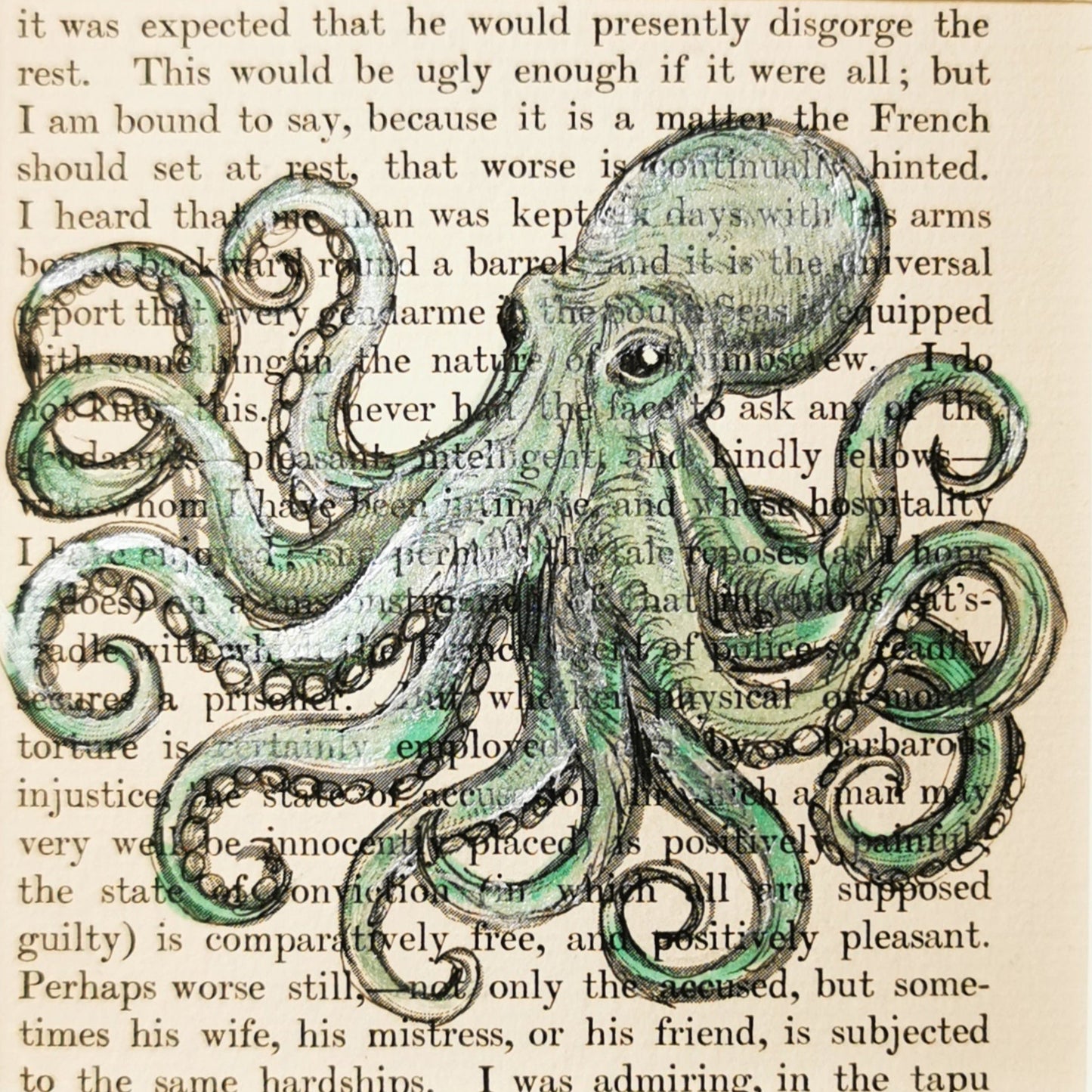 Green octopus illustration on a vintage book page