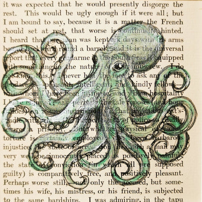 Green octopus illustration on a vintage book page