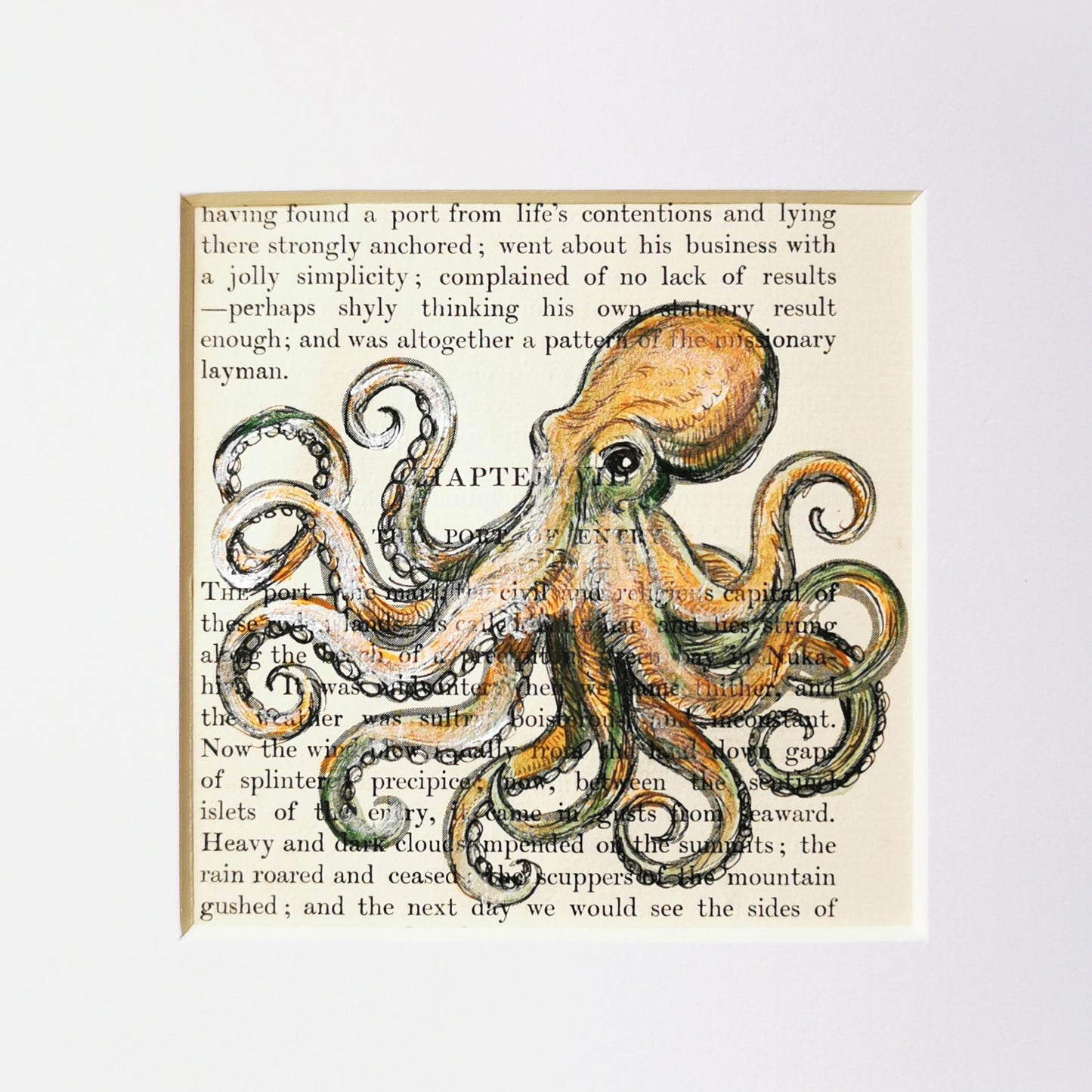 Signed original dictionary page with watercolour and ink illustration of a Kraken Octopus
