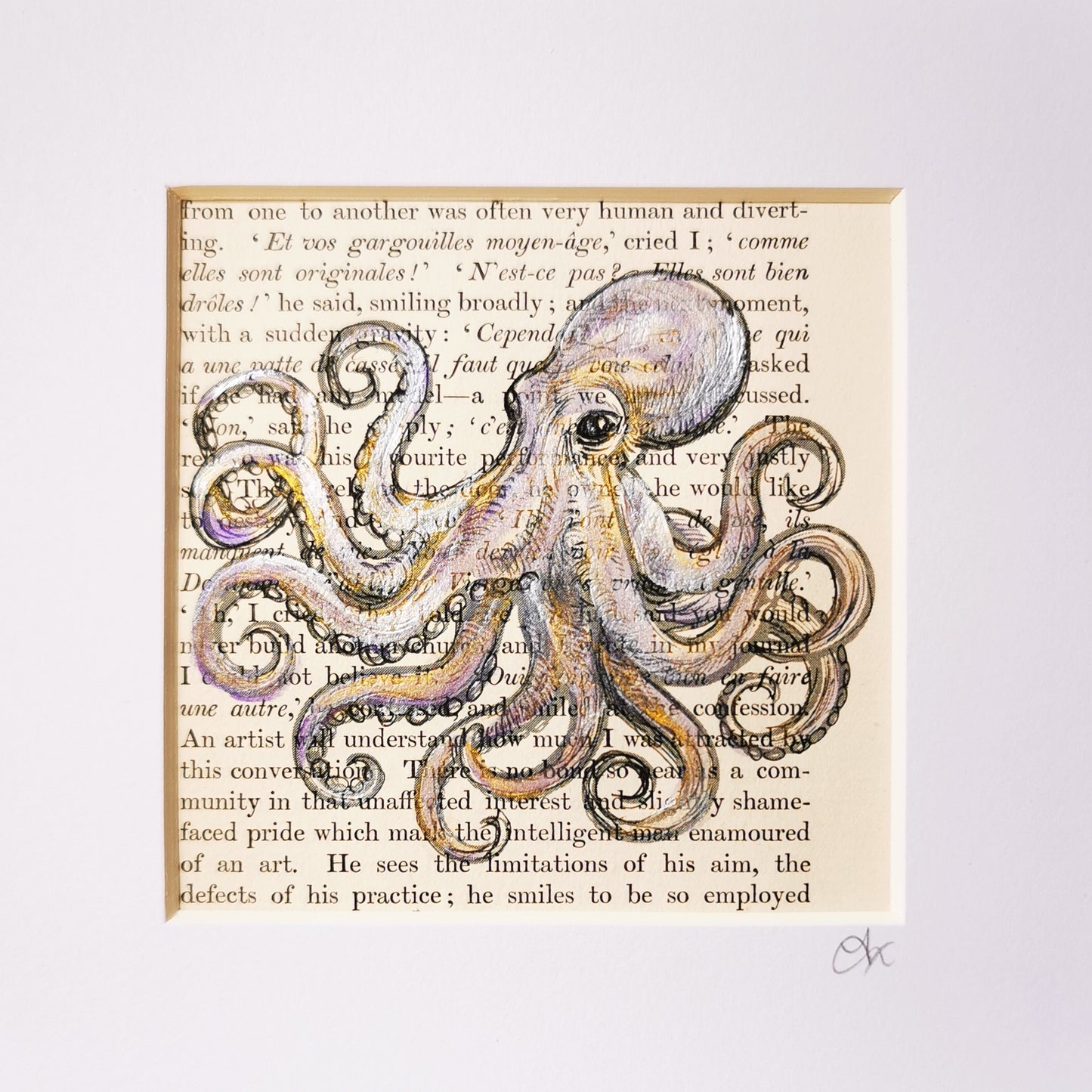 Signed original dictionary page with watercolour and ink illustration of a Kraken Octopus