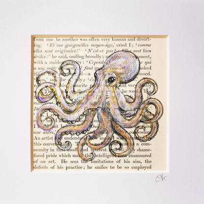 Signed original dictionary page with watercolour and ink illustration of a Kraken Octopus