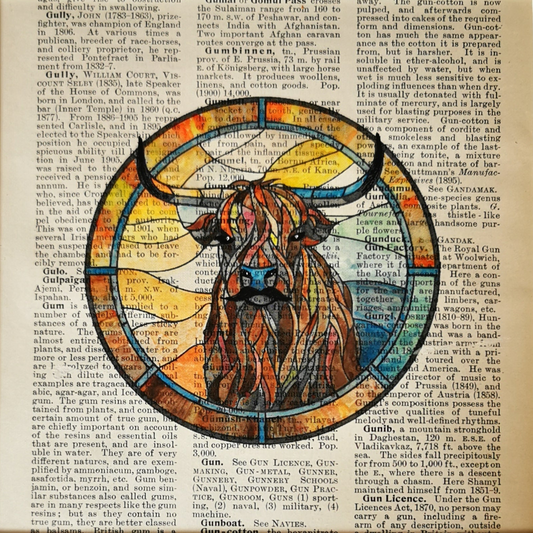 Close up of a Colourful highland cow illustration in a circular shape on a vintage book page background with text