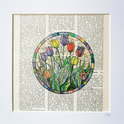 A watercolor and ink illustration of a bunch of tulips on a vintage dictionary page, with a stained glass window appearance.