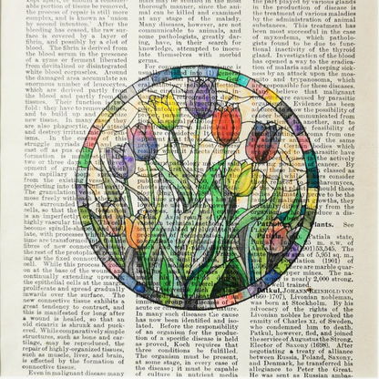 Colorful floral design in a circular pattern on a textured vintage book page background