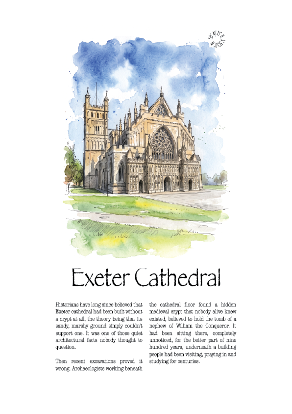 watercolour of exeter cathedral with text Exeter Cathedral and text explaining the history of the Cathedral