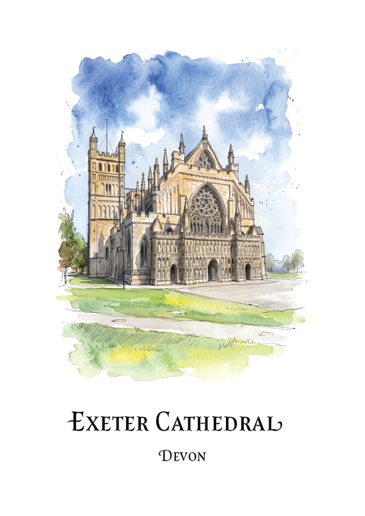 Watercolour art print of Exeter Cathedral in Devon, featuring a detailed illustration of the cathedral under a blue sky with green grass in the foreground, with the text 'EXETER CATHEDRAL' and 'DEVON' below.