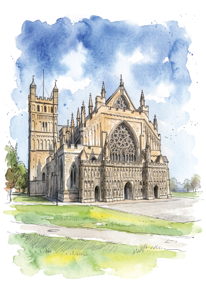 Watercolor and ink architectural artwork of a Exeter cathedral with a tower, arched facade, and surrounding green lawn under a blue sky.