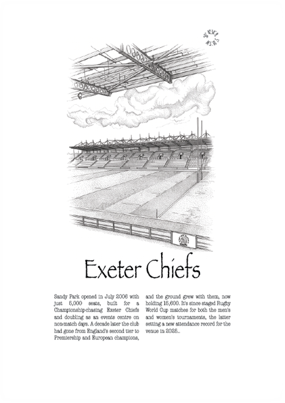 A black and white vintage-style illustration and text print about Exeter Chiefs rugby, featuring a sketch of a stadium and a small latitude and longitude graphic near the top.