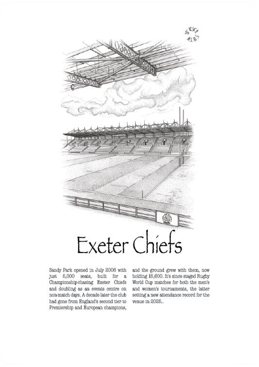 A black and white vintage-style illustration and text print about Exeter Chiefs rugby, featuring a sketch of a stadium and a small latitude and longitude graphic near the top.