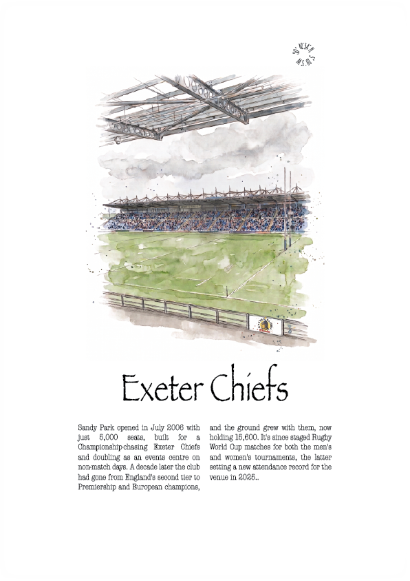 A watercolour and ink illustration of Exeter Chiefs rugby stadium, with a black-and-white sketch of a rugby player and a green watercolor field and stands, above the title 'Exeter Chiefs' and a short paragraph of text on a white background.