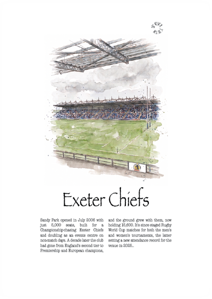 A watercolour and ink illustration of Exeter Chiefs rugby stadium, with a black-and-white sketch of a rugby player and a green watercolor field and stands, above the title 'Exeter Chiefs' and a short paragraph of text on a white background.