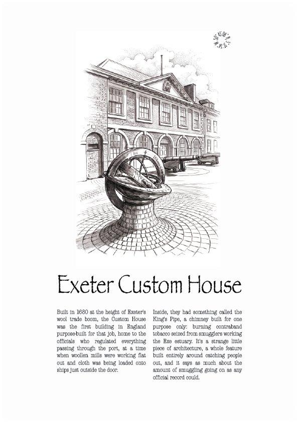 A black and white vintage-style illustration and text print featuring a Exeter Custom House, with the title 'Exeter Custom House' and a short descriptive paragraph below.