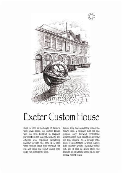 A black and white vintage-style illustration and text print featuring a Exeter Custom House, with the title 'Exeter Custom House' and a short descriptive paragraph below.