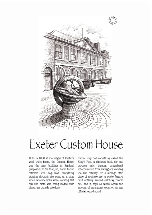 A black and white vintage-style illustration and text print featuring a Exeter Custom House, with the title 'Exeter Custom House' and a short descriptive paragraph below.